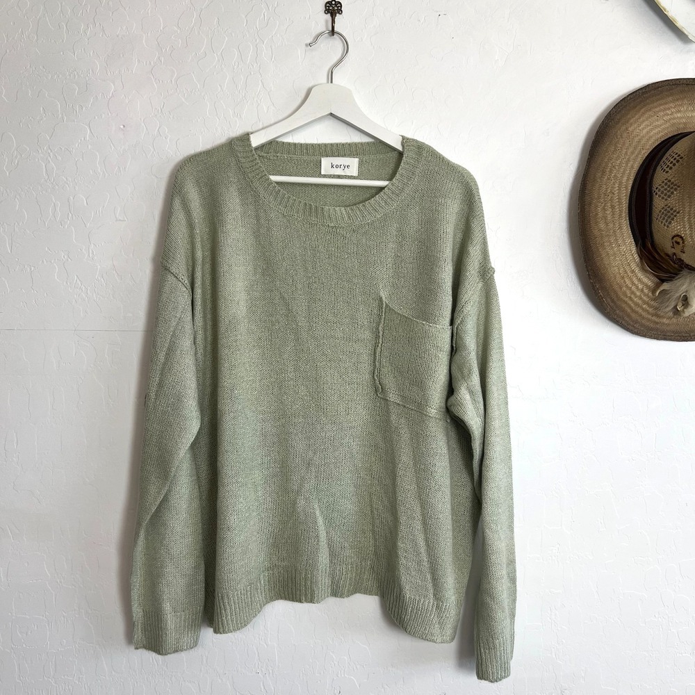 Korye Sage Mint Green Knit Pullover Sweater Raw Pocket Dropped Shoulder XL